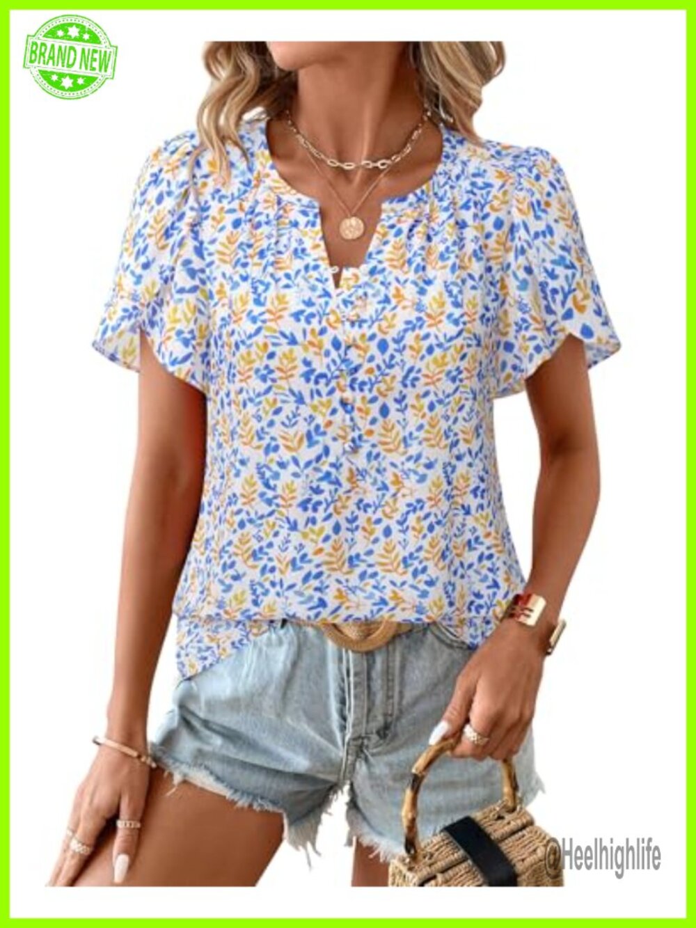 Womens Boho Floral Button Down Blouse Petal Puff Sleeve Summer Vacation Top
